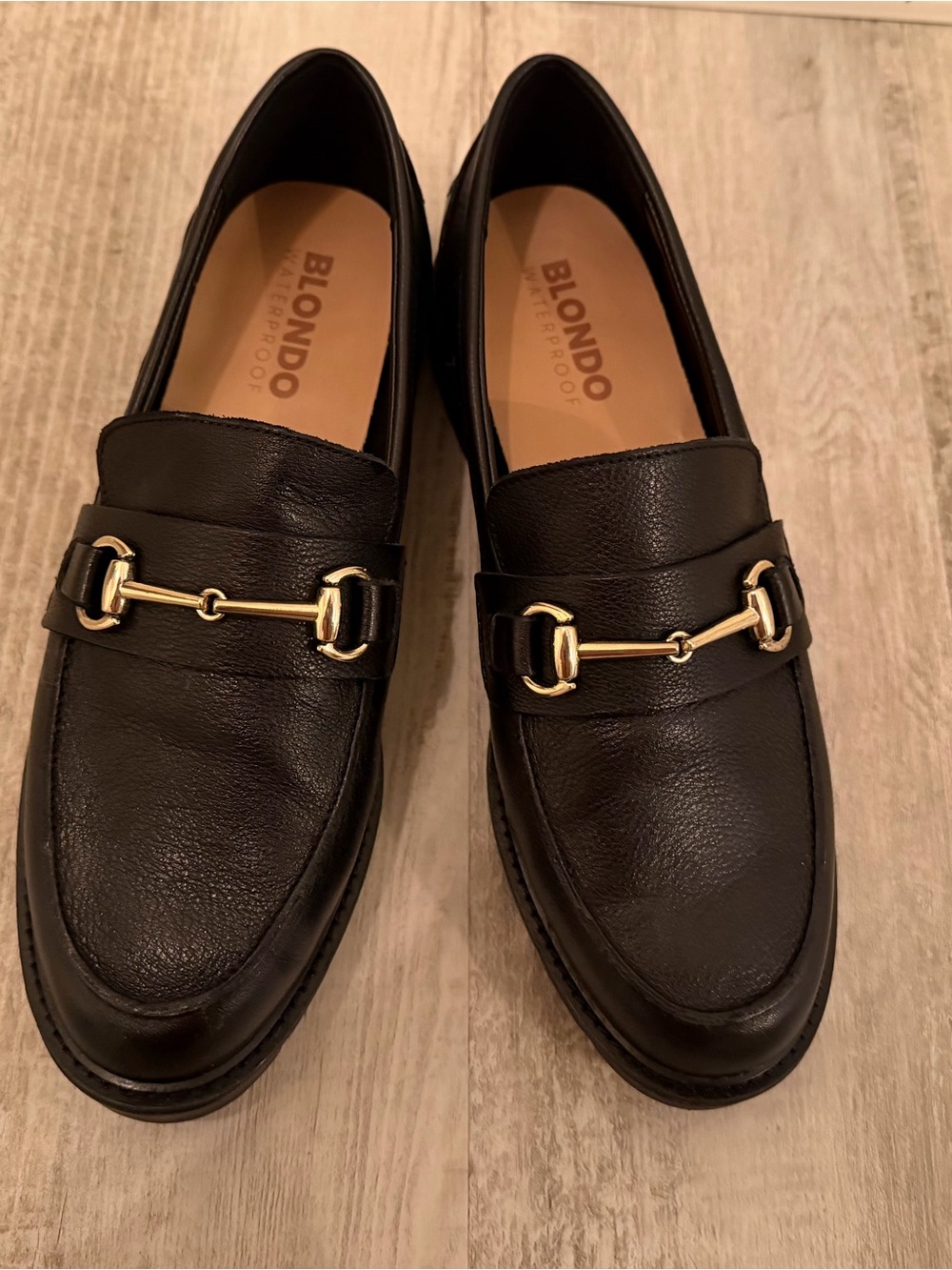 Blondo Black Leather Loafers with Gold Horsebit